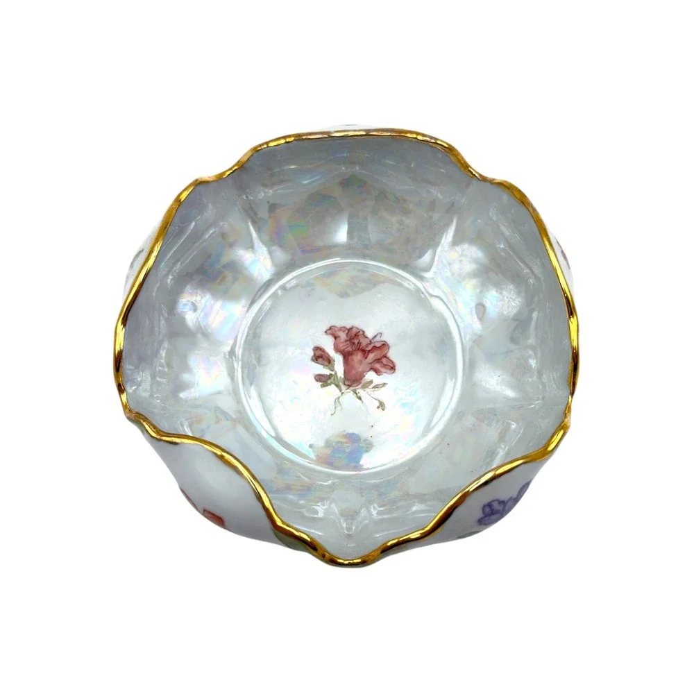 Vintage Hamilton Lustreware Porcelain Trinket Dish Hand Painted Floral Gold Rim